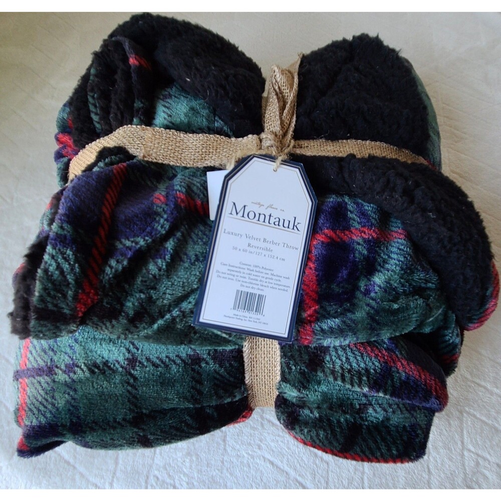 Montauk Luxury Velvet Berber Throw Blanket 50x60 Reversible Plaid Sherpa NWT